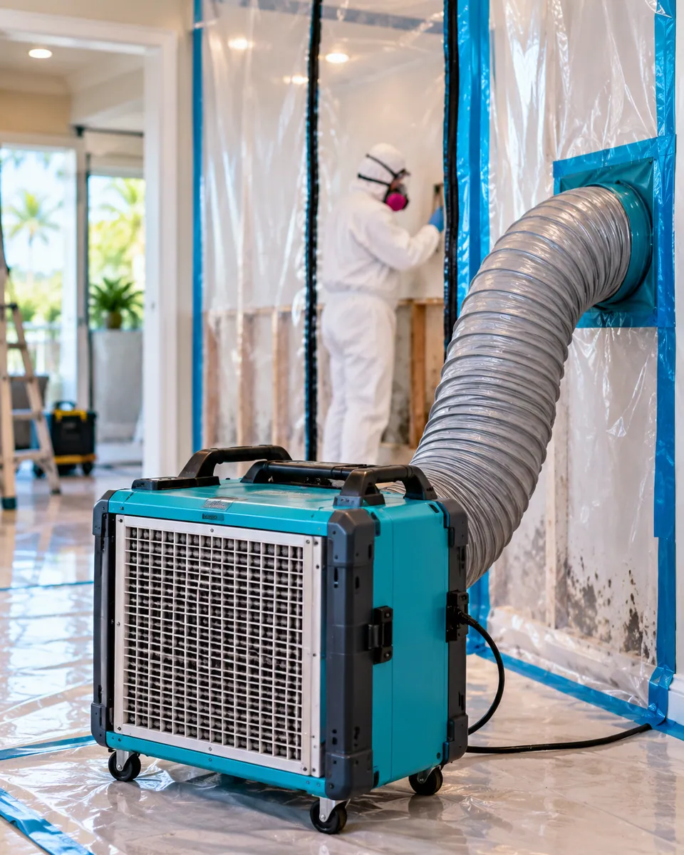 HEPA air scrubber and poly containment set up for mold remediation in Palm Beach Gardens