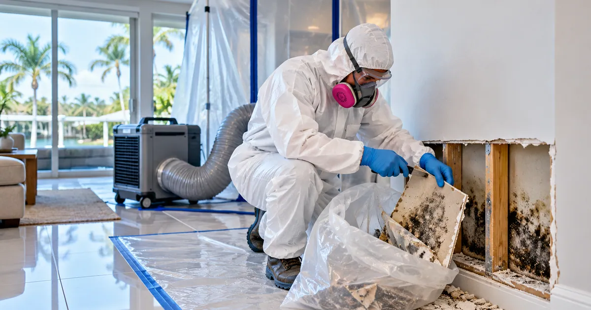 Business-Safe Mold Removal in Palm Beach Gardens, FL — technician removing mold under containment